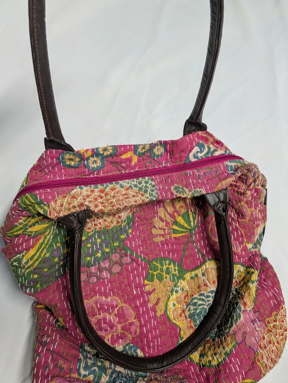 Vintage Quilted Floral Kantha Tote with Multicolor Accents + Leather Straps